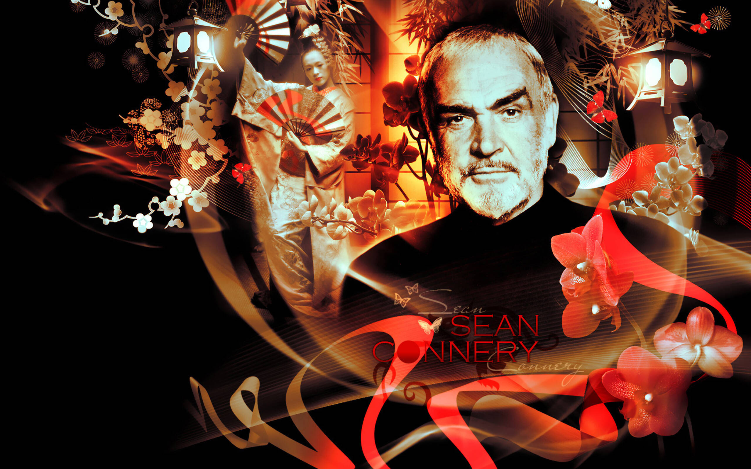 Sean Connery 桌布 壁紙 — 一幅戲劇性的數位拼貼畫， featuring 史恩·康納萊與藝妓和日本燈籠，以火紅和金色調呈現。