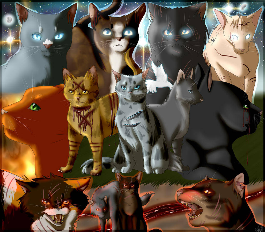 Warrior Cats 桌布 壁紙 — 一幅戲劇性的數位插圖，描繪九隻風格化的貓咪，擁有發光的眼睛和戰鬥傷痕，背景是宇宙和火焰般的場景。