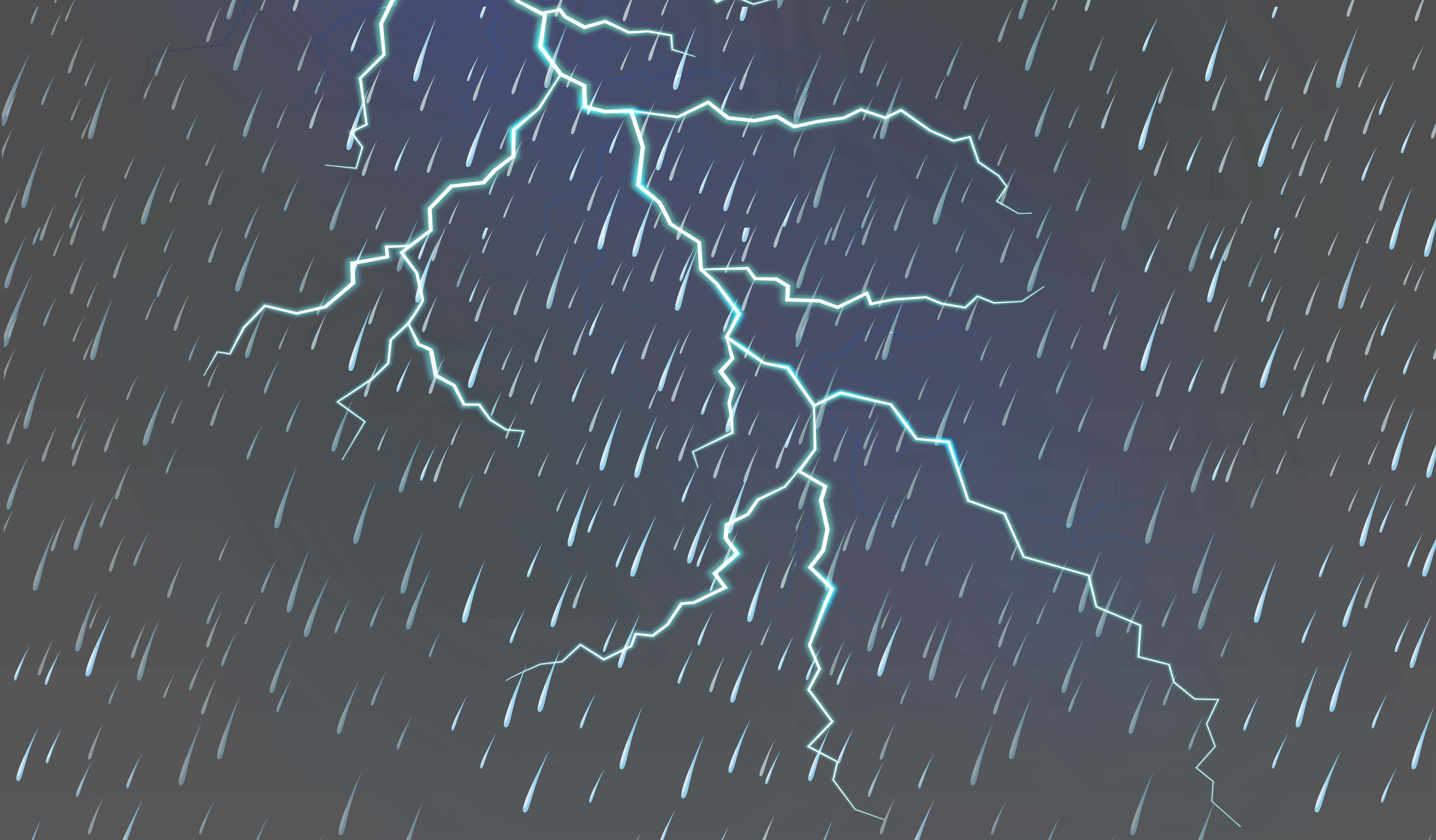 下雨 桌布 壁紙 — 一幅戲劇性的數位插圖，描繪鋸齒狀閃電照亮充滿降雨的黑暗暴風雨天空。