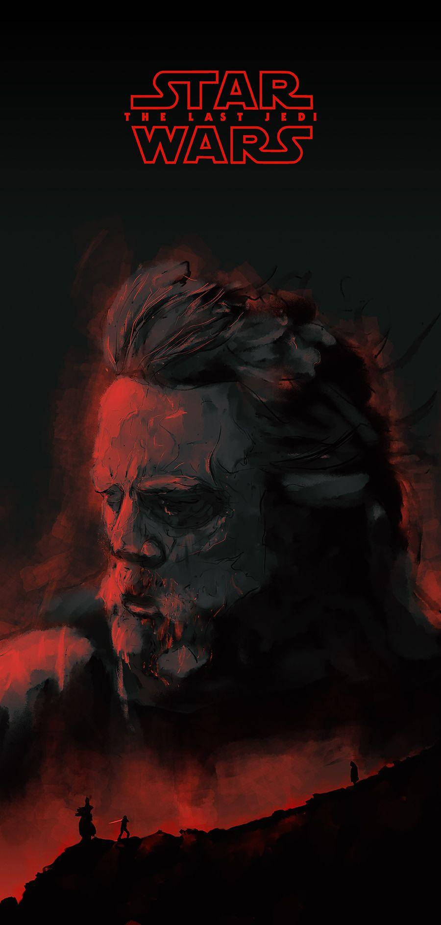 The Last Jedi Star Wars 桌布 壁紙 — 一幅戲劇性的數位繪畫，描繪了一張飽經風霜的臉被紅光照亮，下方懸崖上有兩個剪影人物，並帶有《星際大戰》標誌。