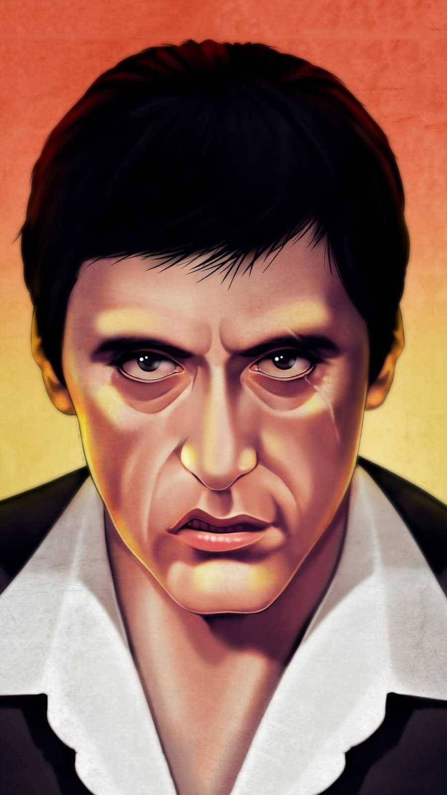 Al Pacino Scarface 桌布 壁紙 — 一幅戲劇性的數位肖像，描繪一位眼神銳利、深色頭髮的男子，背景為溫暖的漸層色。