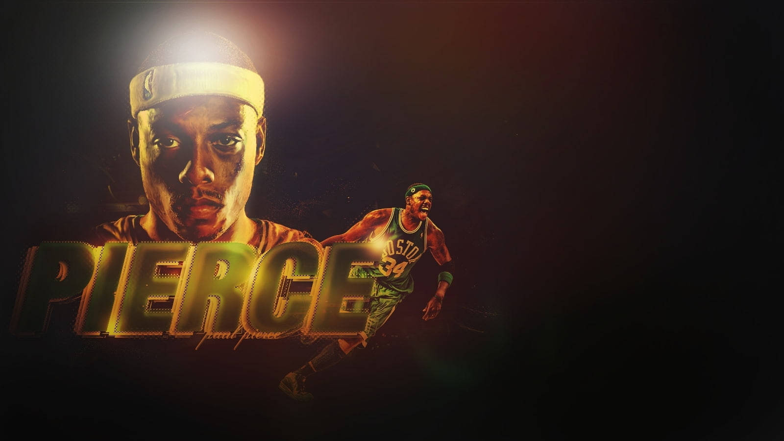 Paul Pierce 桌布 壁紙 — 一幅戲劇性的數位肖像，描繪籃球運動員保羅·皮爾斯，他的名字以發光金色字母呈現，背景為深色。