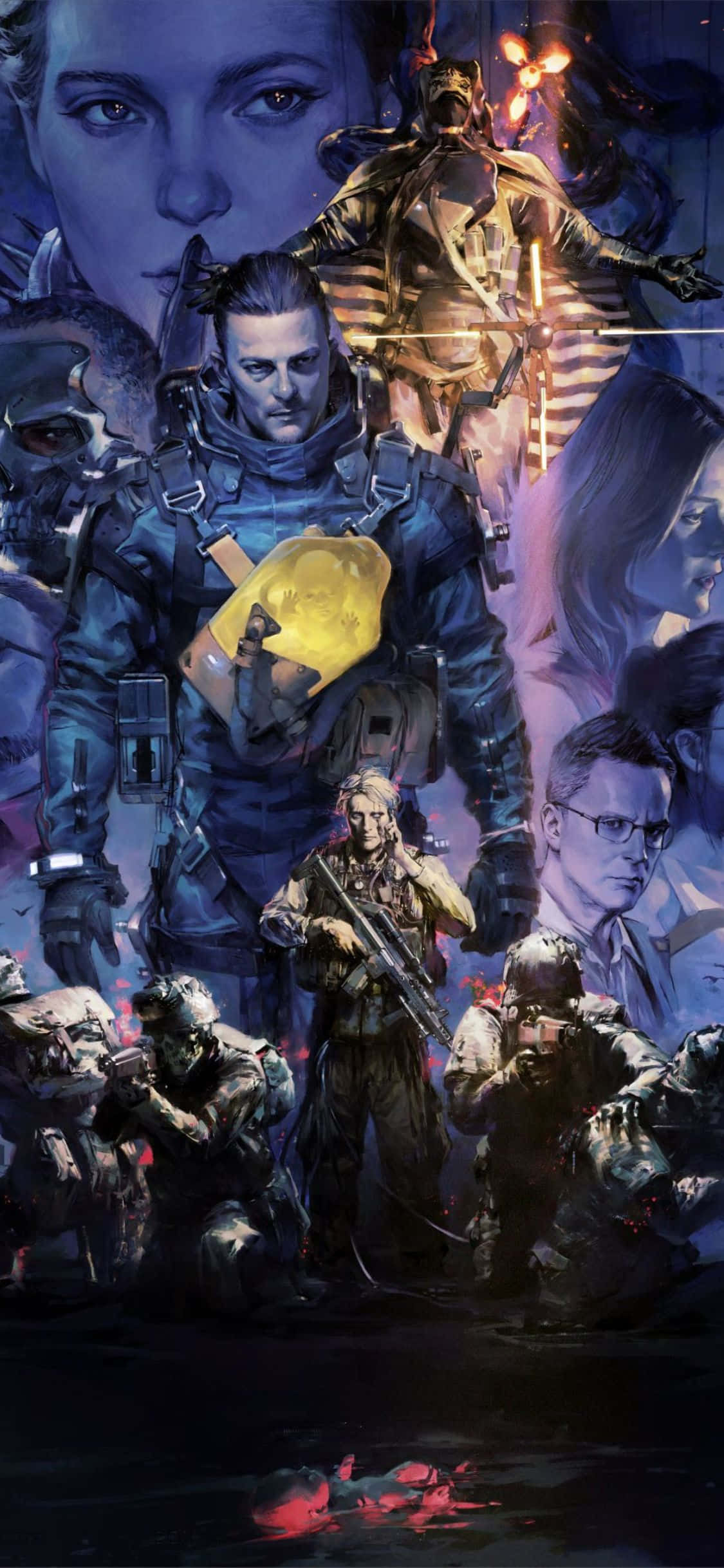 iPhone X Death Stranding 桌布 壁紙 — 一幅戲劇性的數位藝術作品，描繪士兵和一個中央裝甲人物，手持發光的黃色頭盔，背景是強烈的紫色和藍色調，帶有漂浮的臉孔。