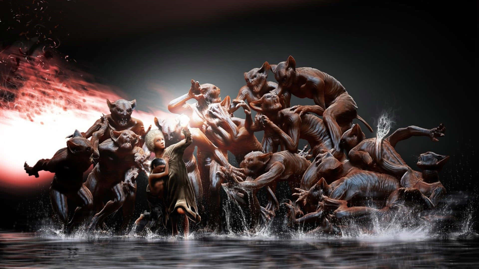 monsters 桌布 壁紙 — 一幅戲劇性的數位藝術作品展示了一群怪誕的人形生物從黑暗的水中浮現，背景是火紅和黑色。