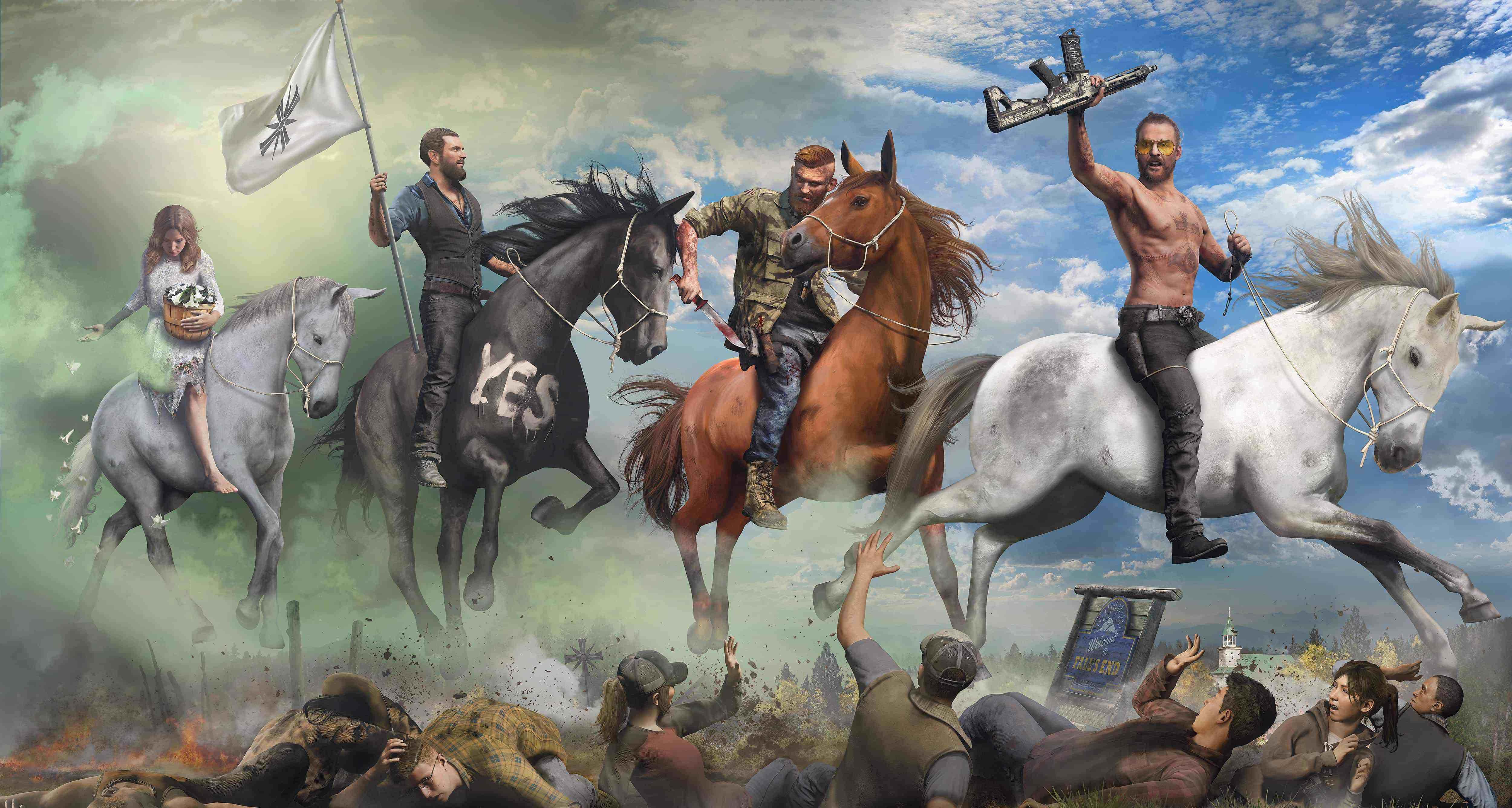 Far Cry 5 4K 桌布 壁紙 — 一幅戲劇性的數位藝術作品展示了騎著奔騰馬匹的男人們，高舉旗幟和武器，衝過戰場，越過一群倒下的身影。