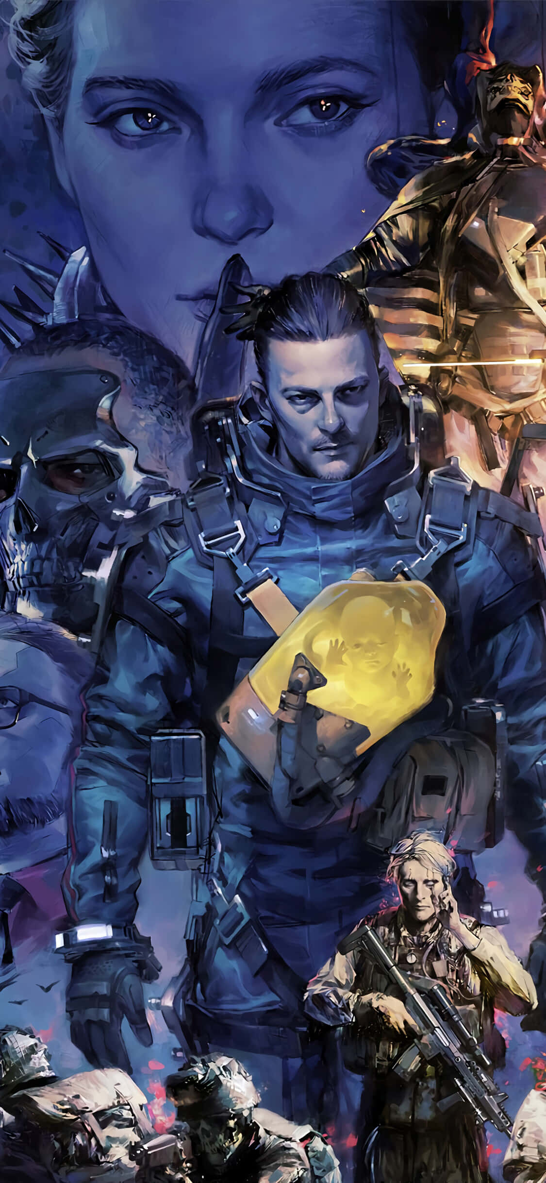 iPhone Xs Death Stranding 桌布 壁紙 — 一幅戲劇性的數位藝術插圖，描繪一名士兵手持發光的黃色球體，周圍環繞著其他武裝人物和一個隱約出現的女性面孔。