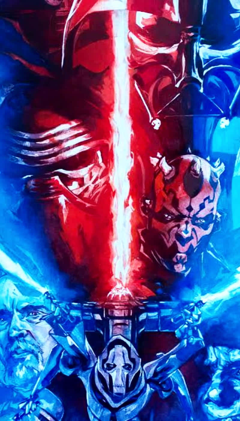 The First Order 桌布 壁紙 — 一幅戲劇性的數位藝術插圖，描繪達斯摩爾和歐比王肯諾比以紅色和藍色光劍進行光劍決鬥。