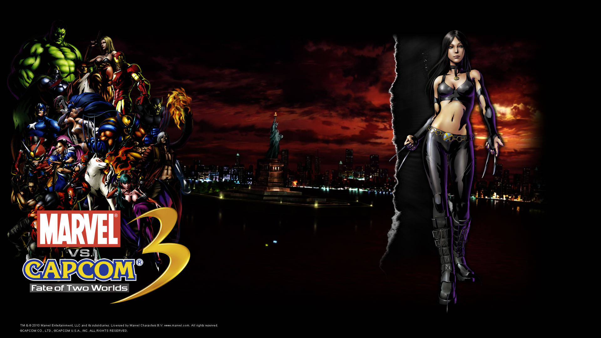Capcom 桌布 壁紙 — 一幅戲劇性的數位藝術桌布，以黃昏時分火紅的紐約天際線為背景， featuring Marvel 和 Capcom 角色。