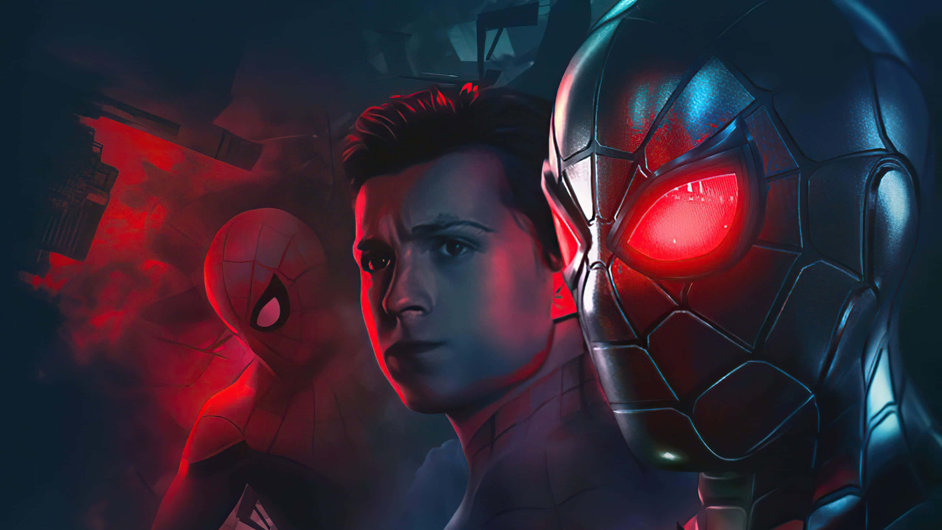 Spider Man No Way Home 桌布 壁紙 — 一幅戲劇性的數位藝術肖像，描繪蜘蛛人和邁爾斯·莫拉萊斯在黑暗的城市環境中，帶有發光的紅眼睛和煙霧瀰漫的氣氛。