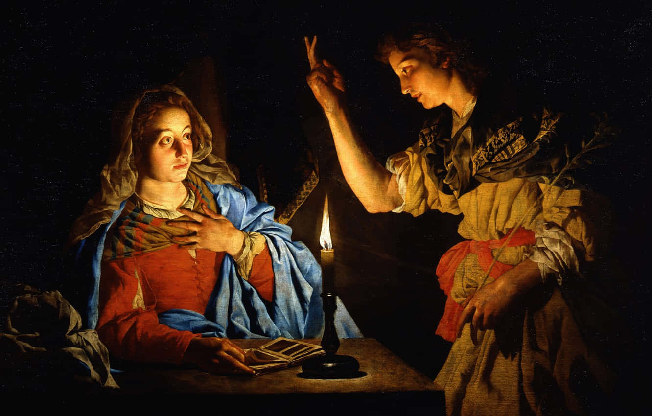 Religious Art 桌布 壁紙 — 一幅戲劇性的明暗對比畫作，顯示一名身穿紅藍衣服的女子對一名手持點燃蠟燭做手勢的男子作出反應。