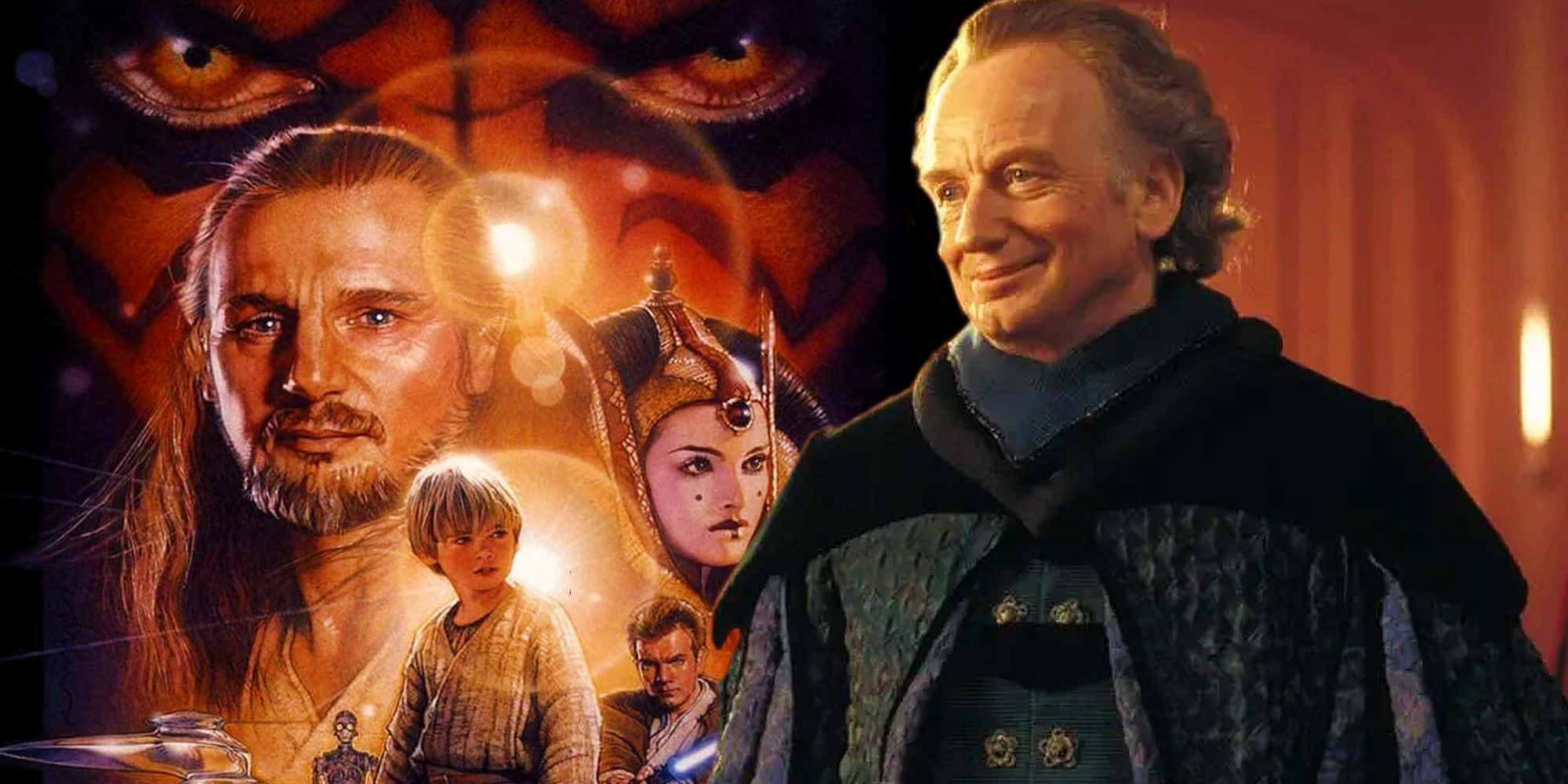 The Phantom Menace 桌布 壁紙 — 一幅戲劇性的星際大戰角色拼貼畫，包括 Obi-Wan Kenobi 和 Palpatine，帶有發光的光劍和不祥的眼睛，色調溫暖。