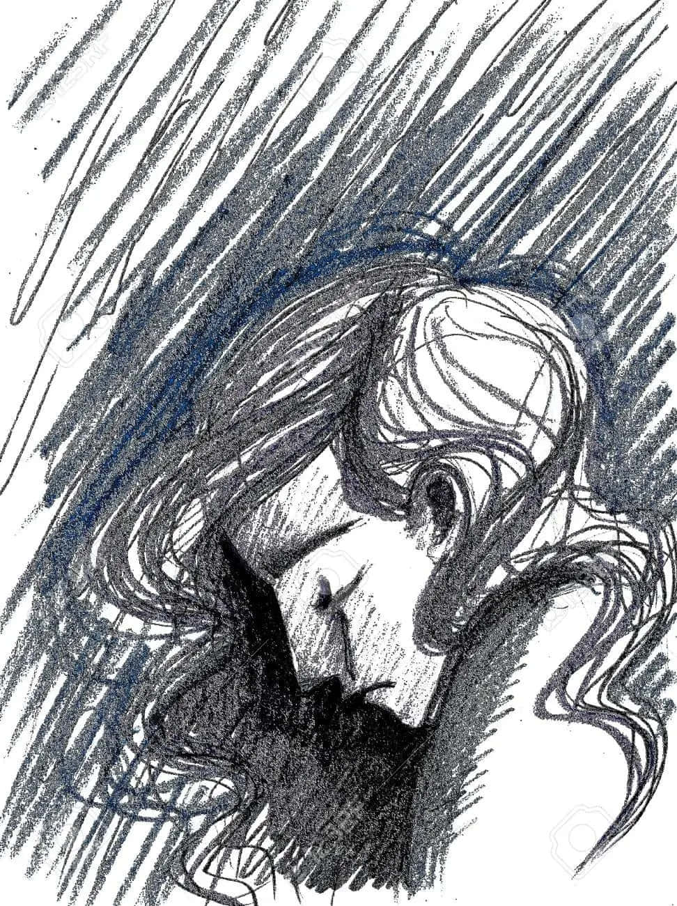 Depressing Profile 桌布 壁紙 — 一幅戲劇性的木炭素描，描繪一位女性的側面輪廓，她的頭髮在由對角線構成的暴風雨背景中飄逸。