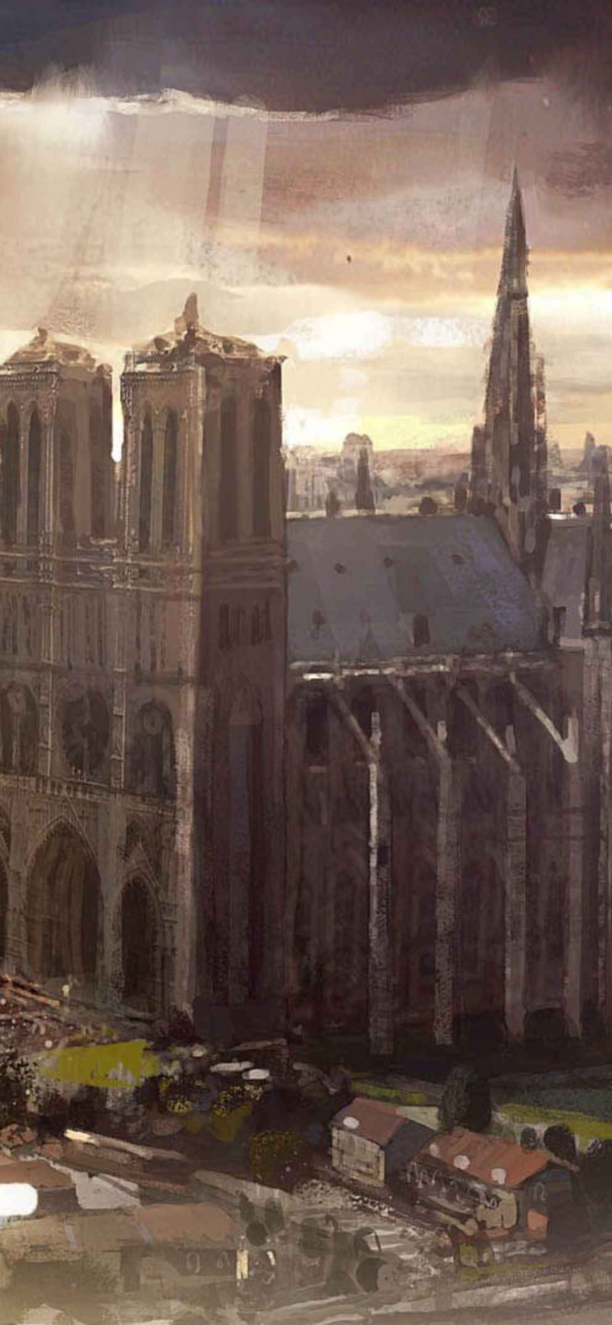 iPhone Xs Max Civilization V 桌布 壁紙 — 一幅戲劇性的水彩畫，描繪巴黎聖母院在日落時分，溫暖的金色光芒照亮其哥德式建築，背景是陰沉的天空。