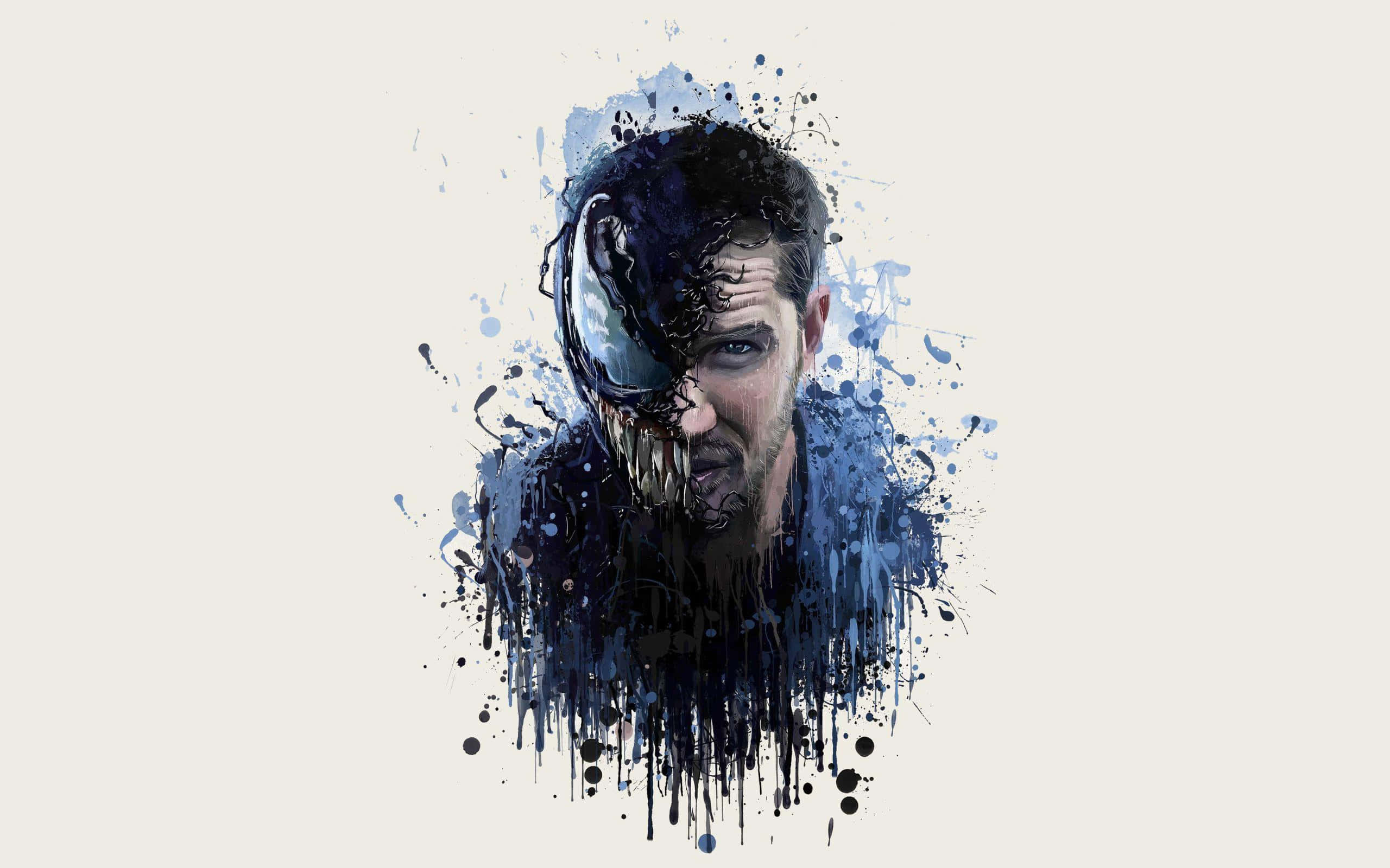 Tom Hardy Venom 桌布 壁紙 — 一幅戲劇性的水彩畫肖像，描繪半人半共生體的猛毒，在蒼白背景上有深藍色飛濺。