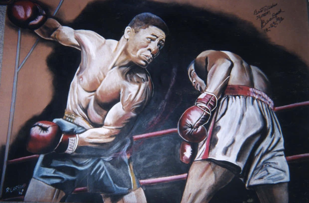 Boxing 桌布 壁紙 — 一幅戲劇性的油畫，描繪兩名拳擊手在擂台上，一人向前衝拳，另一人低身閃避。