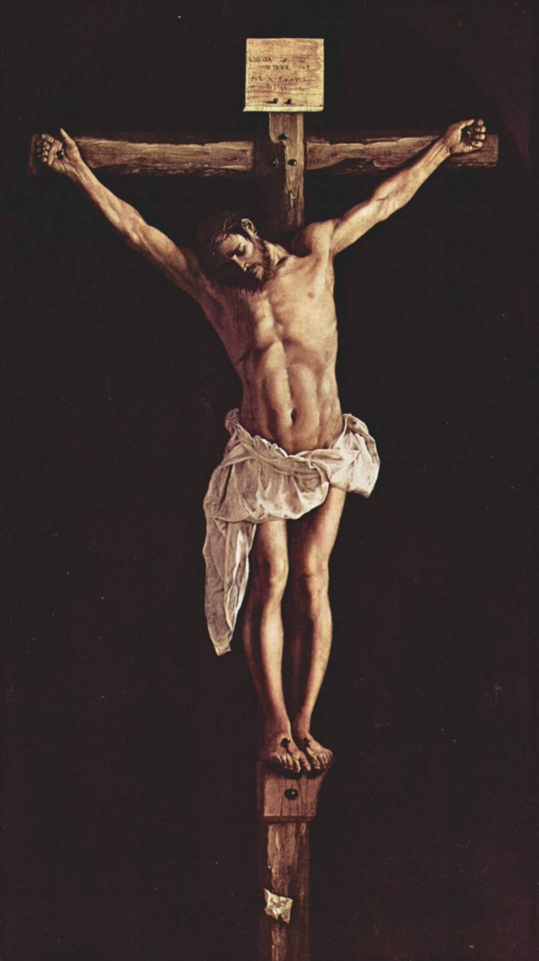 Jesus Christ 桌布 壁紙 — 一幅戲劇性的油畫，描繪耶穌基督在黑暗背景下被釘在木製十字架上。