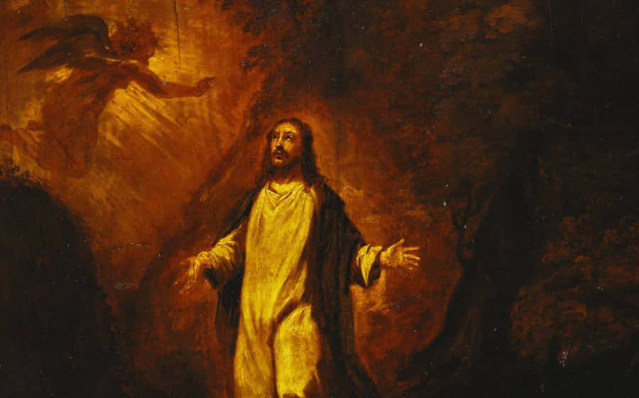 Jesus Praying 桌布 壁紙 — 一幅戲劇性的油畫，描繪耶穌基督被神聖光芒照亮，上方有一位天使，背景是黑暗的洞穴環境。
