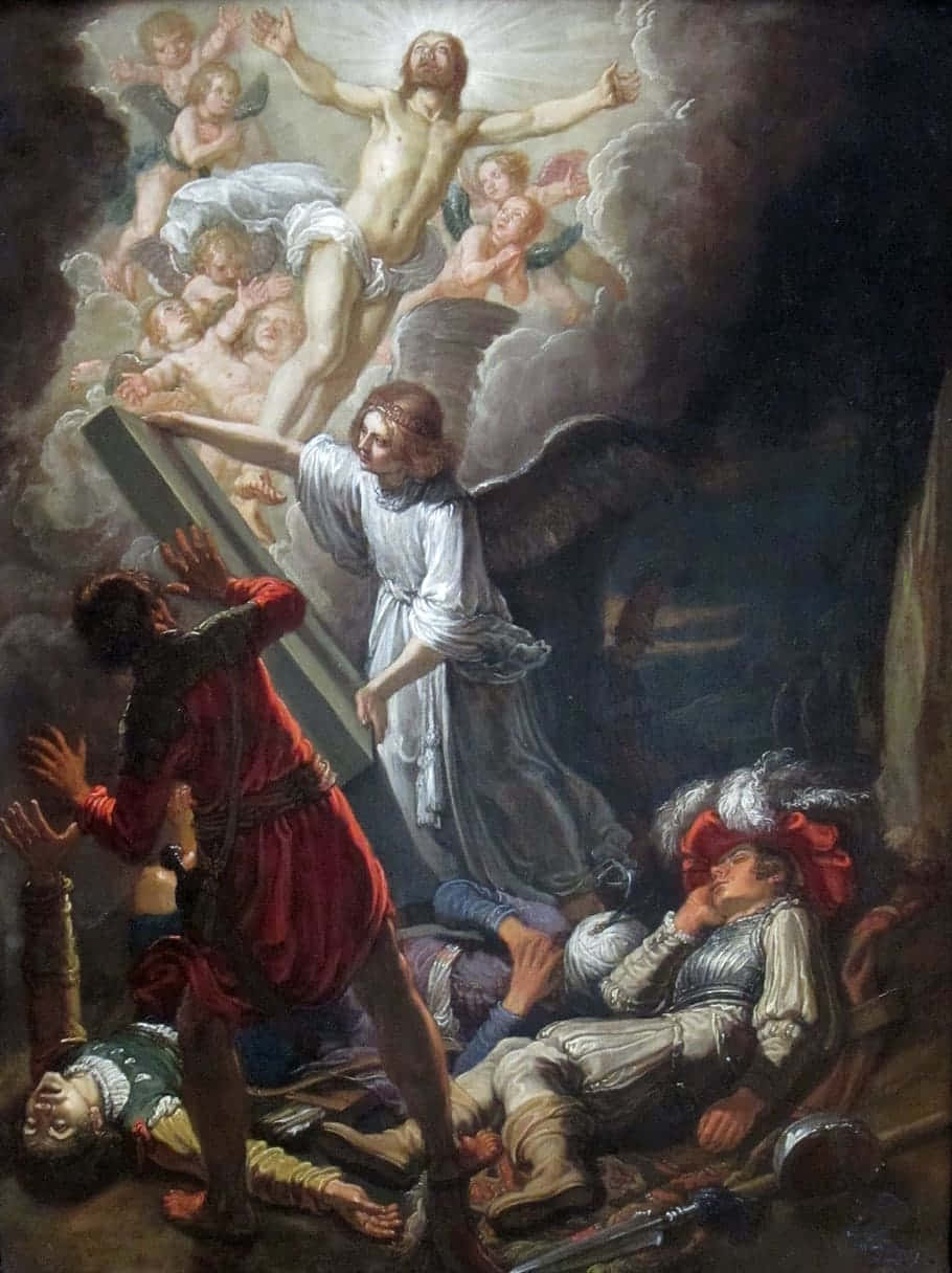 Religious Art 桌布 壁紙 — 一幅戲劇性的油畫描繪了一位神聖人物在天使中升天，而地上的眾人在下方動盪中作出反應。