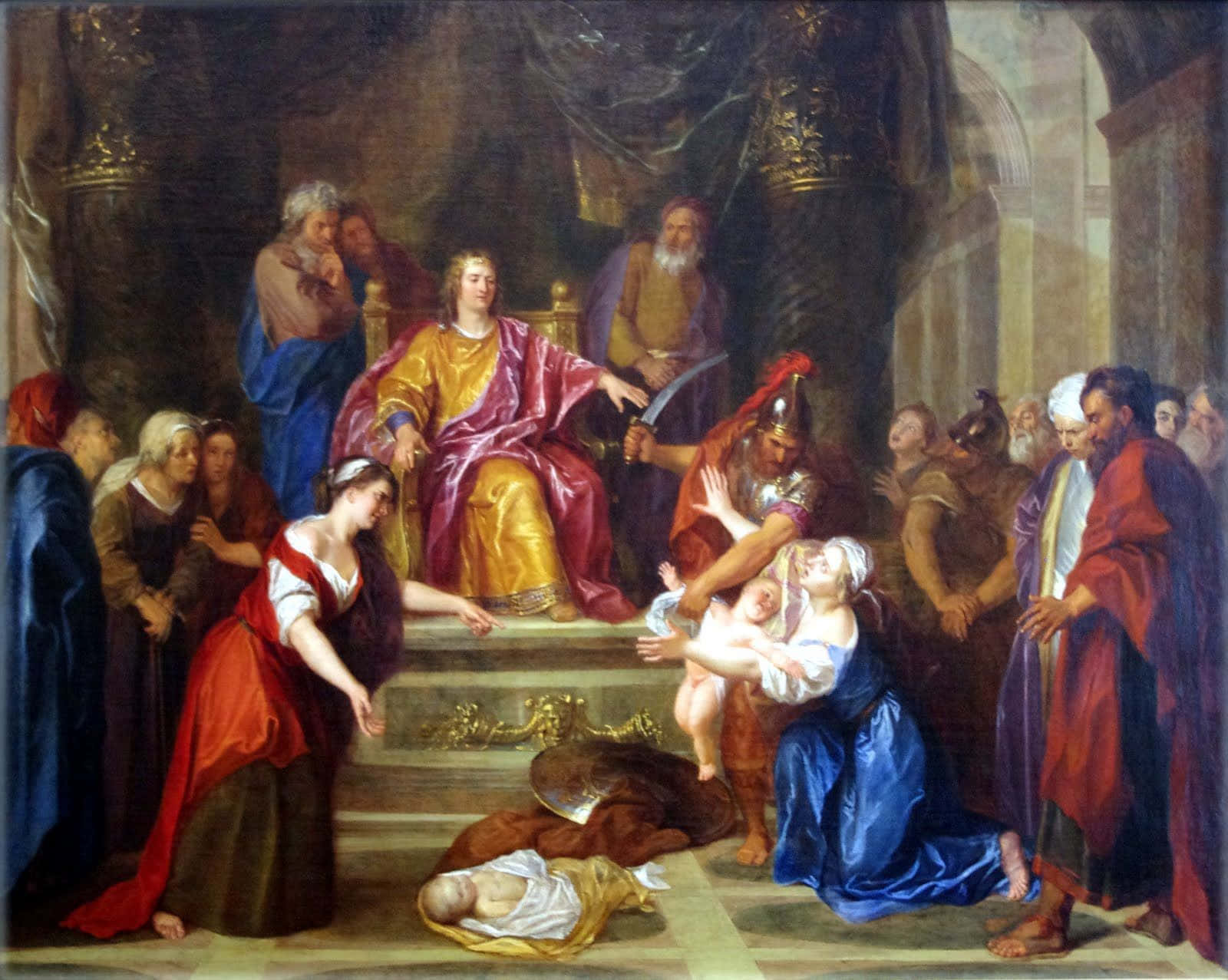 King Solomon 桌布 壁紙 — 一幅戲劇性的油畫描繪了一個皇家宮廷場景，一位身穿金色和紅色長袍的君主坐著，注視著一個緊張的時刻，一名戰士將一個嬰兒交給一位跪著的女子。