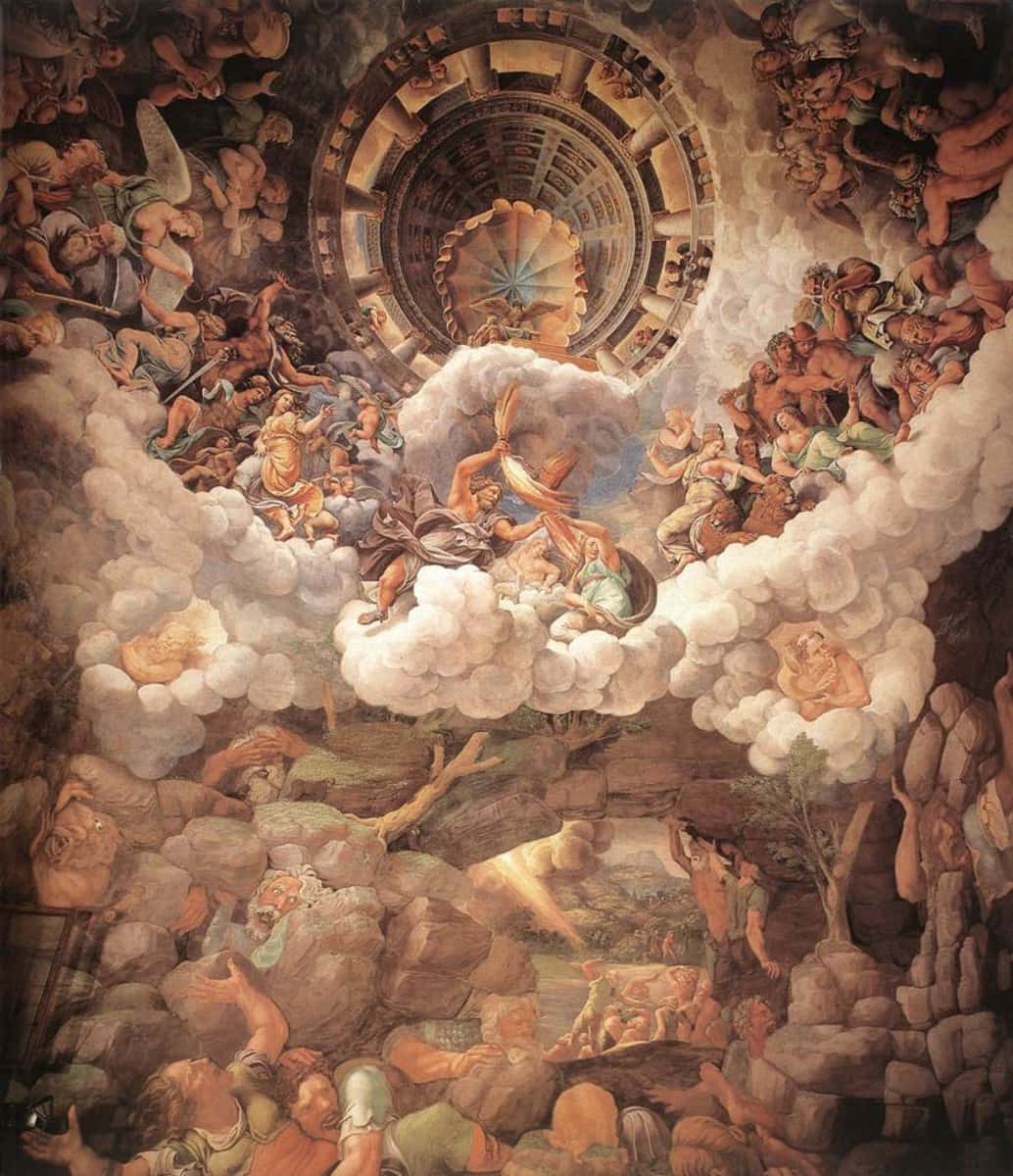 Painting 桌布 壁紙 — 一幅戲劇性的油畫描繪了一個神聖場景，人物穿過雲層向著光芒四射的天國之門上升。