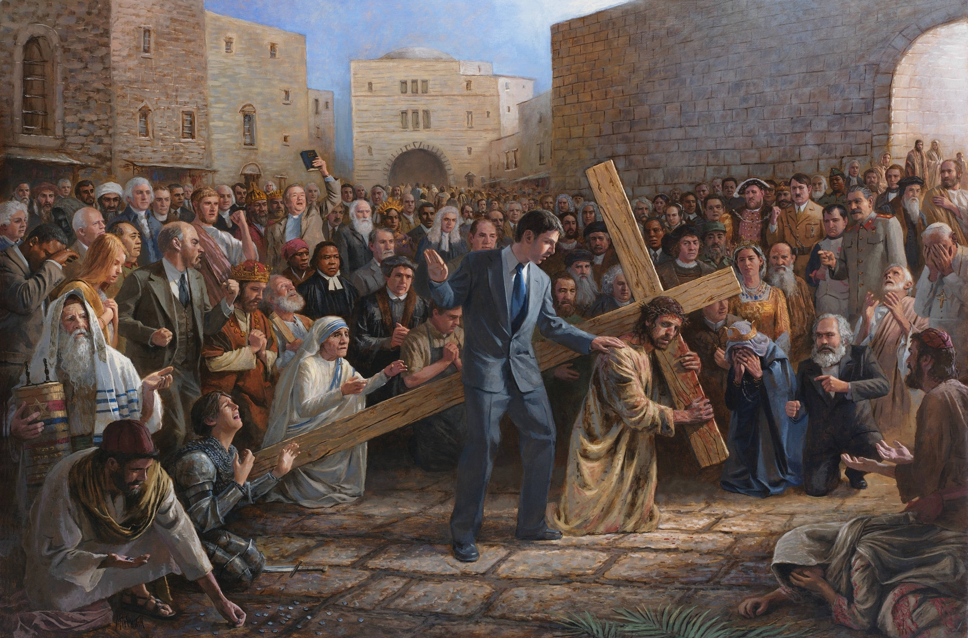 Christ 桌布 壁紙 — 一幅戲劇性的油畫描繪耶穌背著一個大木十字架穿過一條擠滿人的古石城街道，旁觀者反應各異。