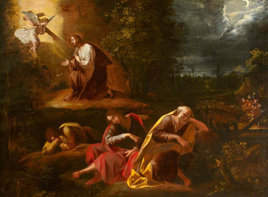 Jesus Praying 桌布 壁紙 — 一幅戲劇性的油畫描繪耶穌跪著祈禱，天使降臨，三位門徒在月光下的天空附近睡覺。