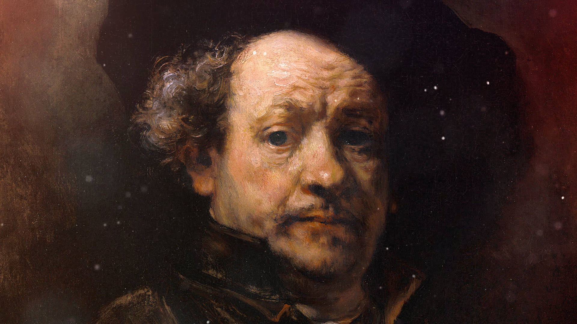 Rembrandt 桌布 壁紙 — 一幅戲劇性的油畫肖像，描繪一位長者，捲髮，眼神強烈，背景為深色紋理。