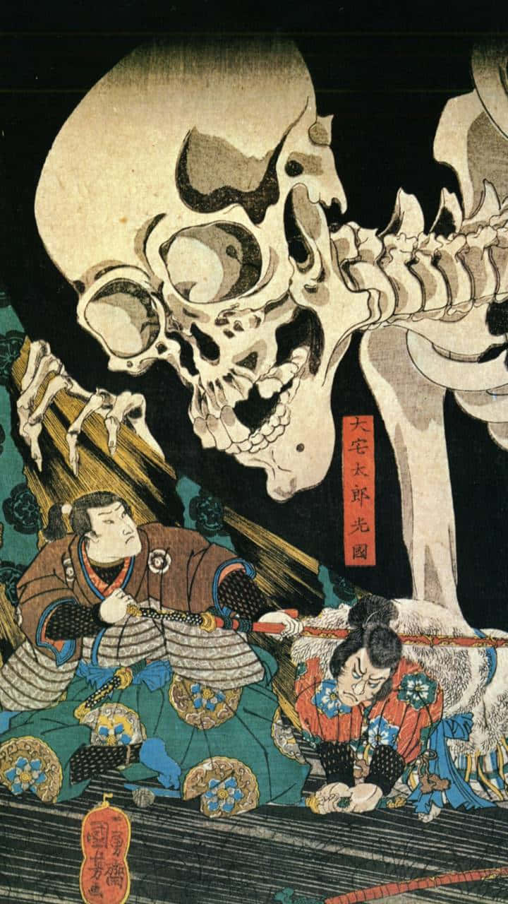 Japanese Phone 桌布 壁紙 — 一幅戲劇性的浮世繪木版畫，描繪了兩名武士戰士在黑暗背景下與一個巨大的骷髏形象戰鬥。