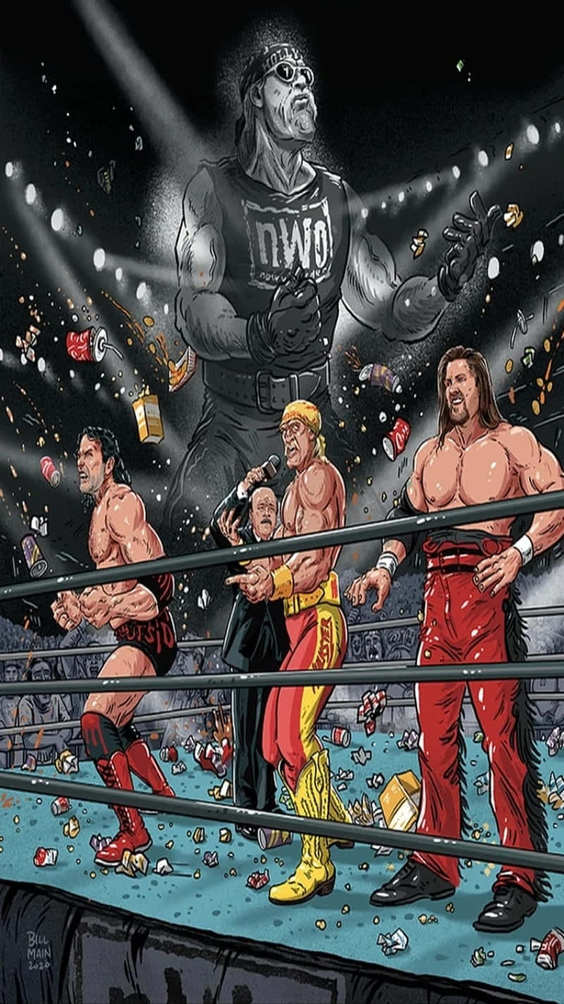 WWE 桌布 壁紙 — 一幅戲劇性的漫畫插圖，描繪nwo摔角派對在擂台上慶祝，紙屑和碎片飛舞。