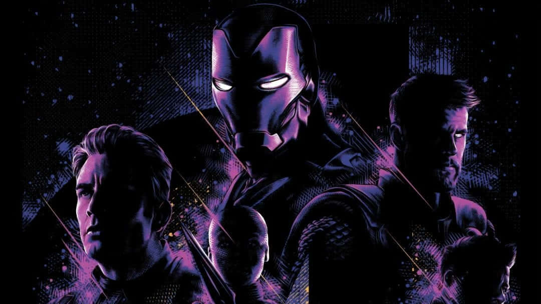 Avengers Movie 桌布 壁紙 — 一幅戲劇性的漫畫插圖，描繪了鋼鐵人、索爾和美國隊長在宇宙紫色和黑色背景下的剪影。