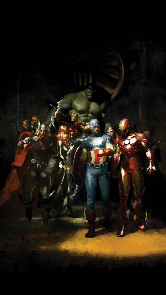 Captain America iPhone 桌布 壁紙 — 一幅戲劇性的漫畫插圖，描繪復仇者聯盟在黑暗、陰影環境中，以聚焦燈光站在一起。