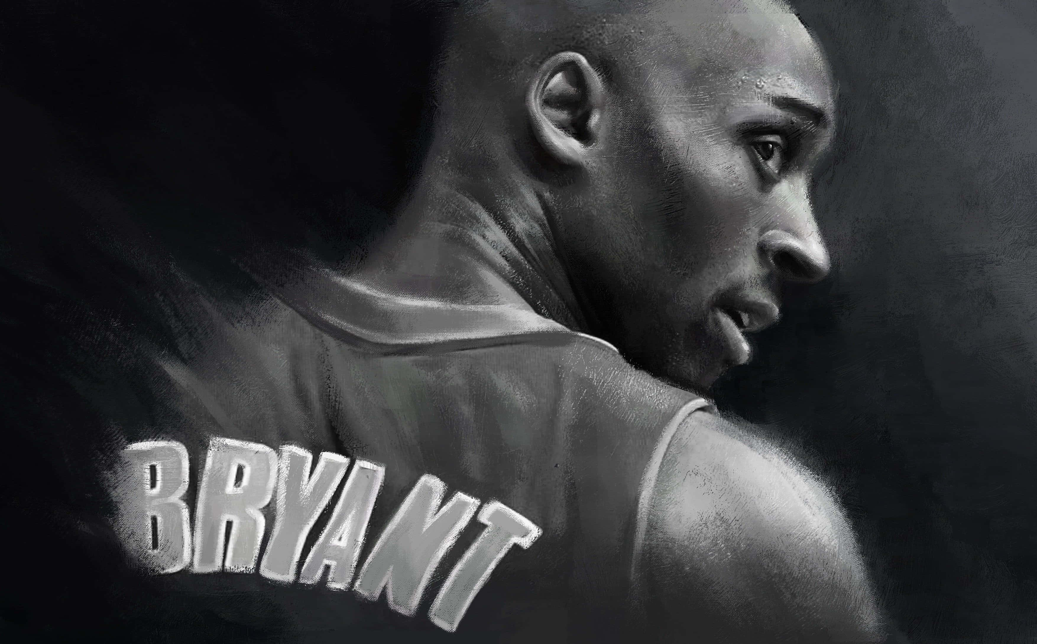 科比· Bryant 桌布 壁紙 — 一幅戲劇性的炭筆風格肖像，描繪柯比·布萊恩穿著球衣，在黑暗煙霧背景中越過肩膀凝視。