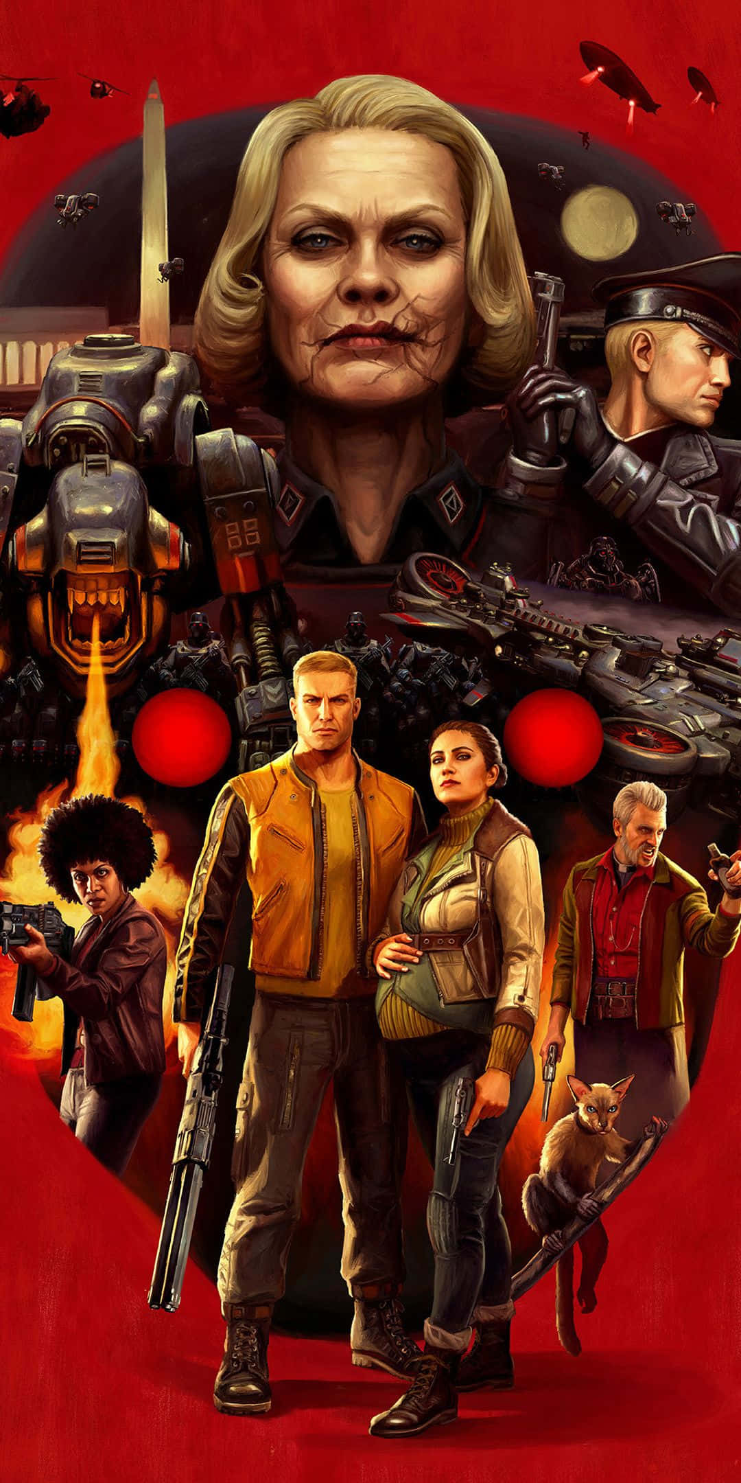 Pixel 3 Wolfenstein Ii 桌布 壁紙 — 一幅戲劇性的科幻插圖，以一位金髮女子為中心，帶有賽博強化，周圍是武裝角色和未來武器，背景是火紅色的。