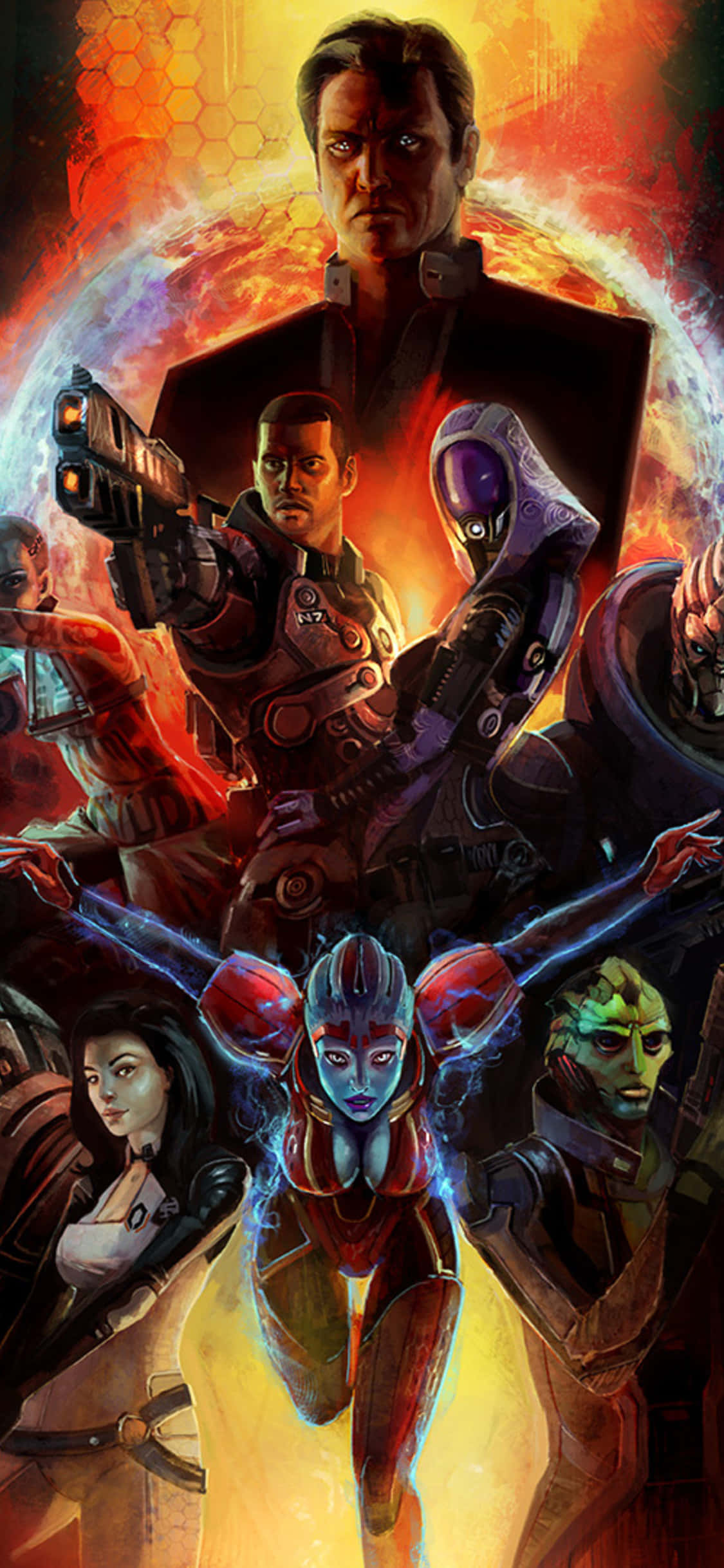 Mass Effect 2 桌布 壁紙 — 一幅戲劇性的科幻插圖，描繪了多個角色穿著未來主義盔甲，背景是熾熱的宇宙。