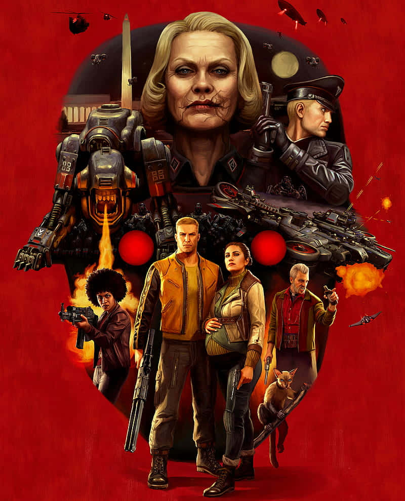 Android Wolfenstein Ii 桌布 壁紙 — 一幅戲劇性的科幻插圖展示了一位中央女性，擁有機械臂和一名士兵，周圍是武裝角色，背景是火紅色的。