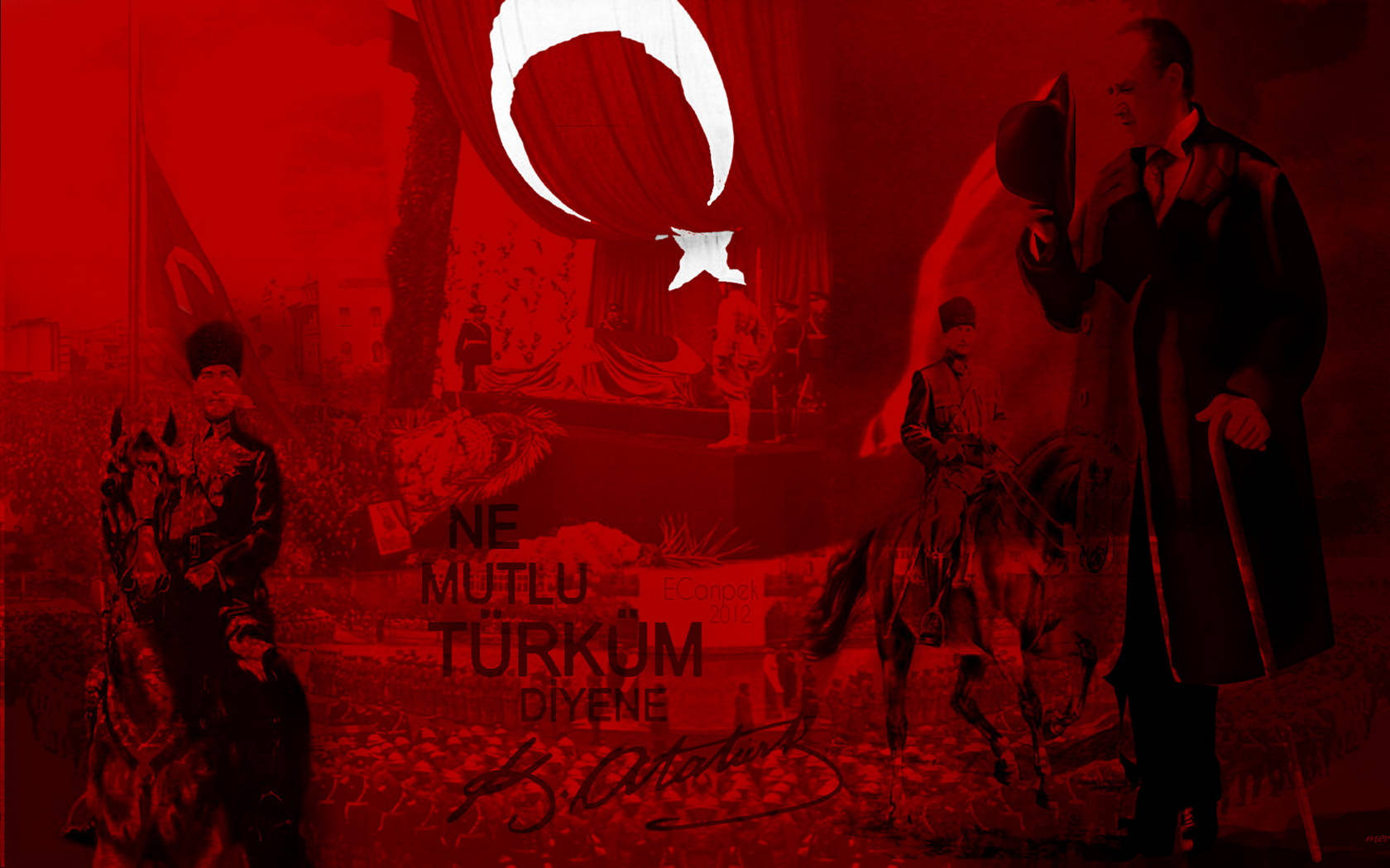 Ataturk 桌布 壁紙 — 一幅戲劇性的紅色調歷史拼貼畫，描繪了騎馬的奧斯曼士兵和一個穿著大衣、手持帶有新月和星星標誌帽子的男人。