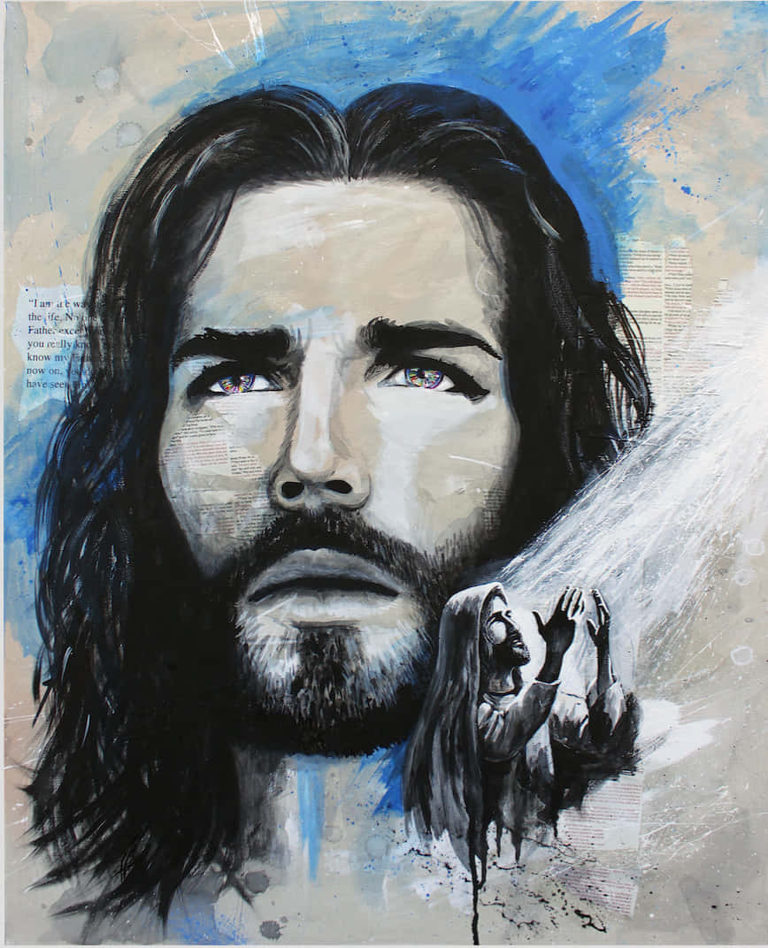Jesus Praying 桌布 壁紙 — 一幅戲劇性的耶穌畫像，眼神強烈，下方有祈禱的人物，背景為帶紋理的藍色和米色。
