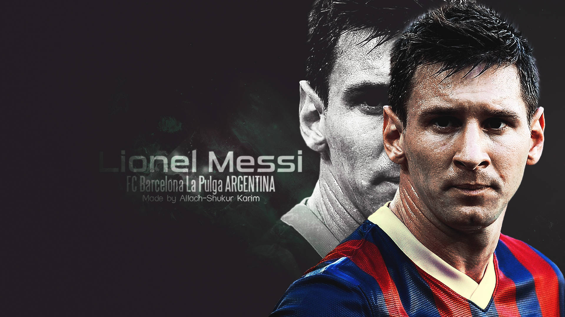 Messi Barcelona 桌布 壁紙 — 一幅戲劇性的肖像，描繪身穿FC巴塞隆納球衣的利昂內爾·梅西，在深色背景上帶有褪色灰階雙重曝光效果。