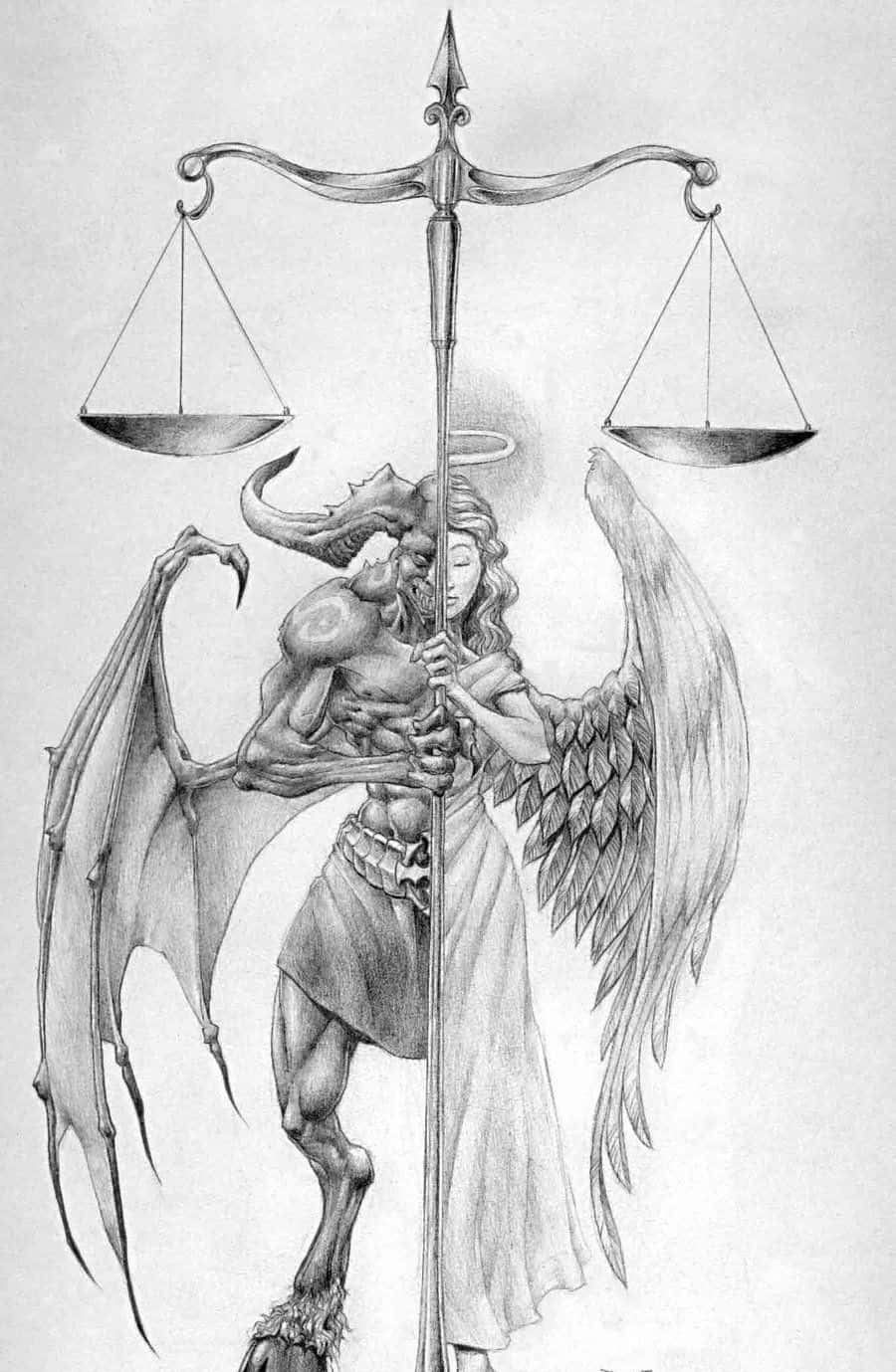 evil 桌布 壁紙 — 一幅戲劇性的鉛筆畫，描繪有翼天使與惡魔擁抱並手持平衡的天秤。
