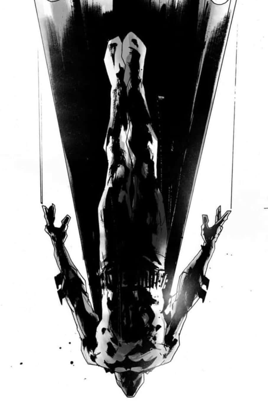 Shadow Of The Bat 桌布 壁紙 — 一幅戲劇性的黑白動畫插圖，描繪一個類人形體頭朝下墜落，雙臂伸展，背景為純白色。