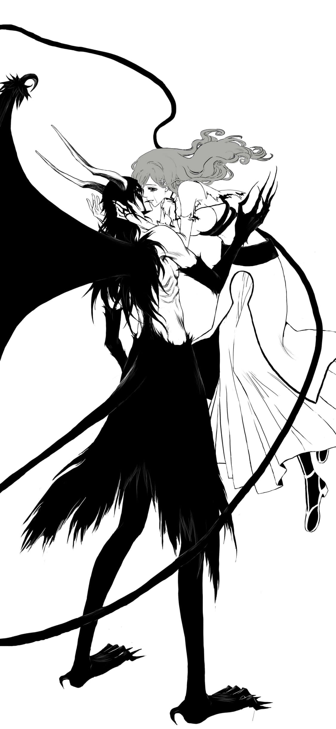 Anime White 桌布 壁紙 — 一幅戲劇性的黑白動畫插圖，描繪一個深色翅膀的人物擁抱著一位淺色頭髮、頭髮飄逸並帶有拖曳觸手的女性。