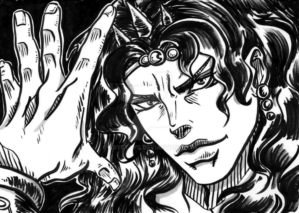 Jojo's Bizarre Adventure Kars 桌布 壁紙 — 一幅戲劇性的黑白動畫插圖，描繪一個兇猛的角色，擁有狂野的頭髮和帶刺的頭帶，手舉起做出威脅性的手勢。