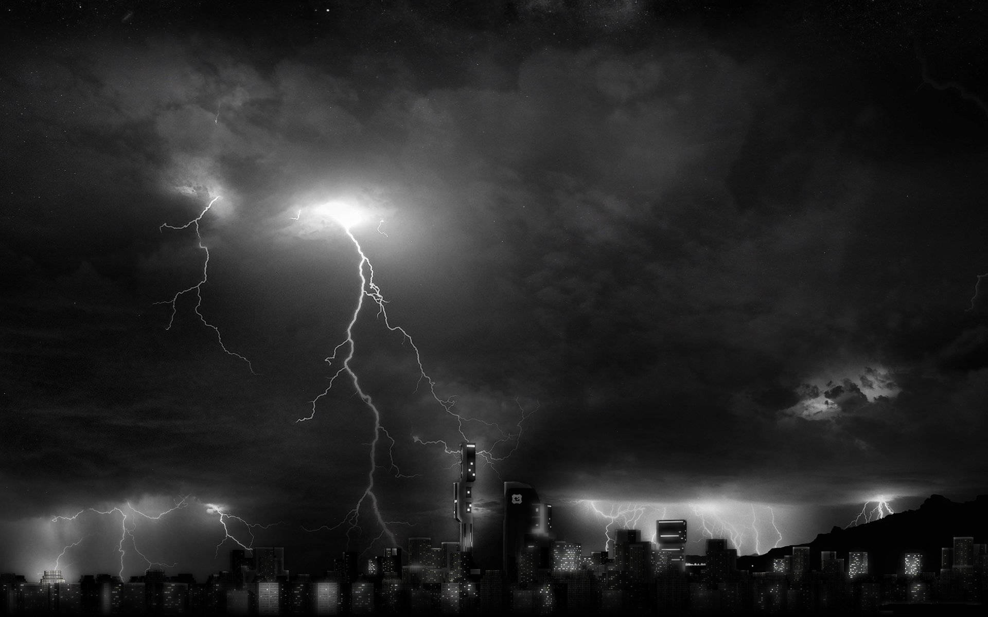 暴風雨夜空下的城市天際線，伴隨著明亮的閃電。 — 黑暗城市 壁紙