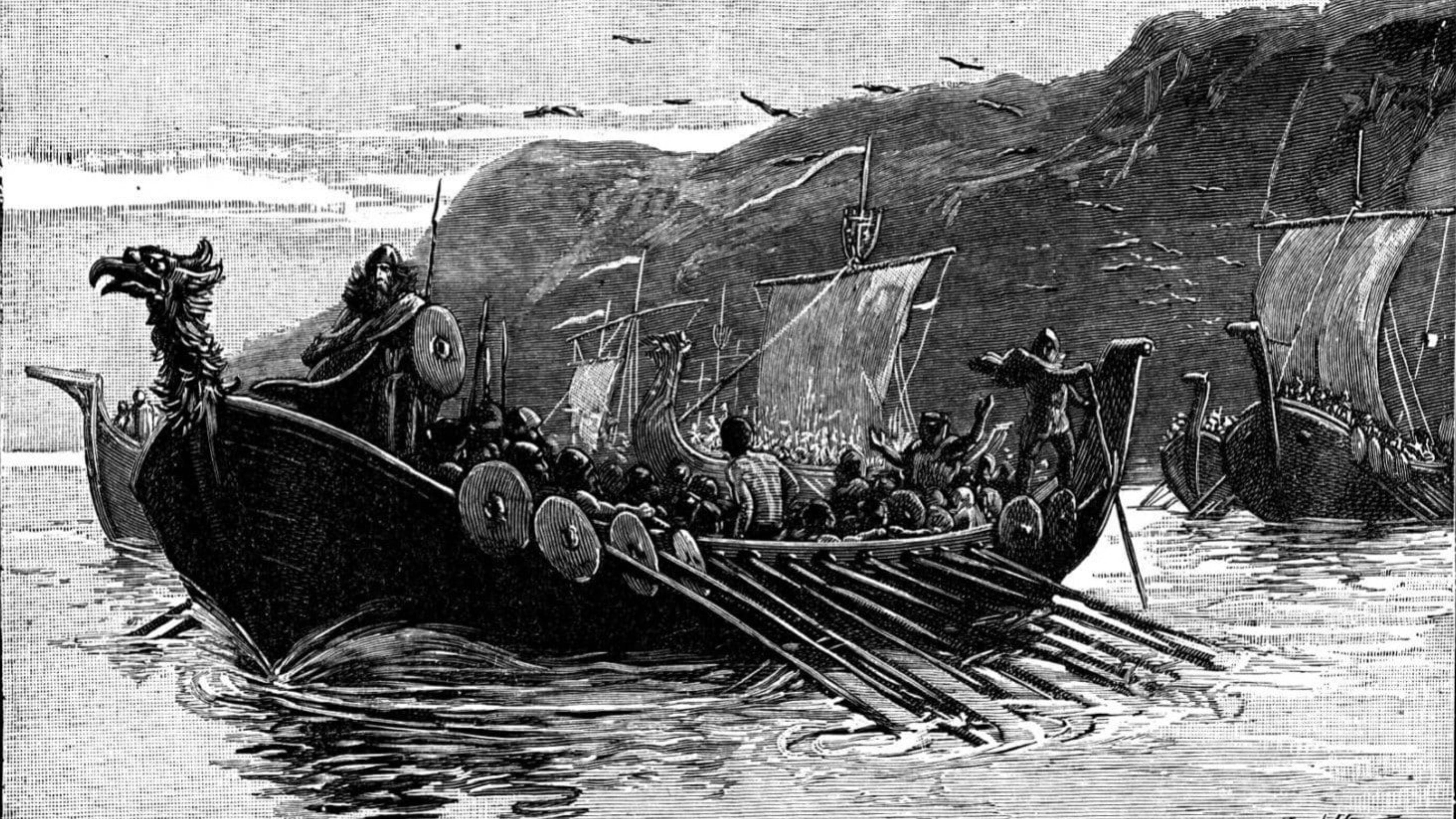 Viking Ship 桌布 壁紙 — 一幅戲劇性的黑白插圖，描繪了帶有龍頭的維京長船在岩石海岸附近航行，鳥兒在頭頂飛翔。
