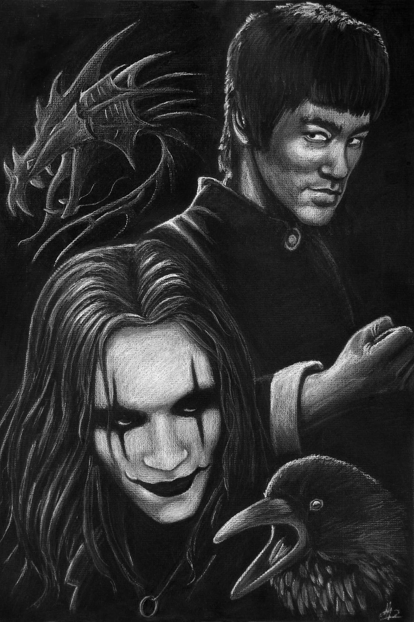 李小龍 桌布 壁紙 — 一幅戲劇性的黑白插圖，描繪了李小龍、一個邪惡的小丑、一條龍和一隻烏鴉，構圖陰暗。