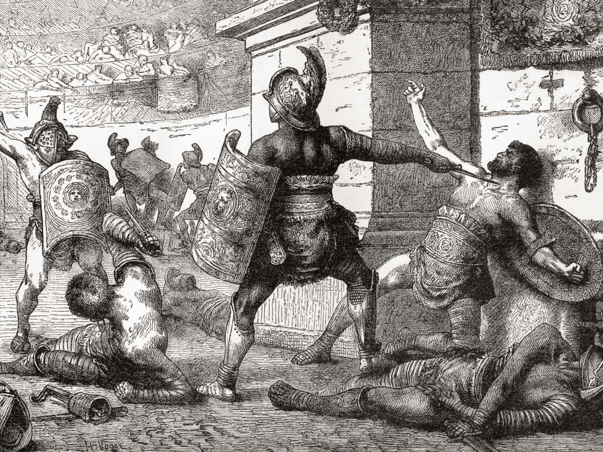 Gladiator 桌布 壁紙 — 一幅戲劇性的黑白插圖，描繪古代角鬥士在競技場中戰鬥，觀眾從階梯式座位觀看。