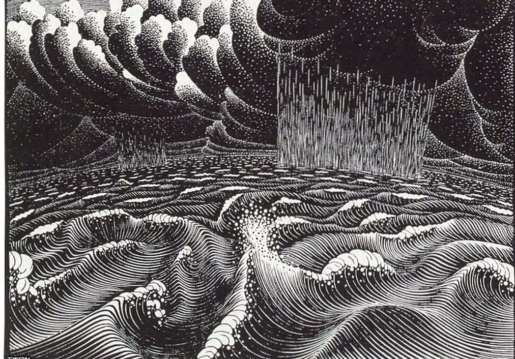 graphic art 桌布 壁紙 — 一幅戲劇性的黑白插圖，描繪暴風雨中的海浪在暴雨和漩渦雲層下翻騰。