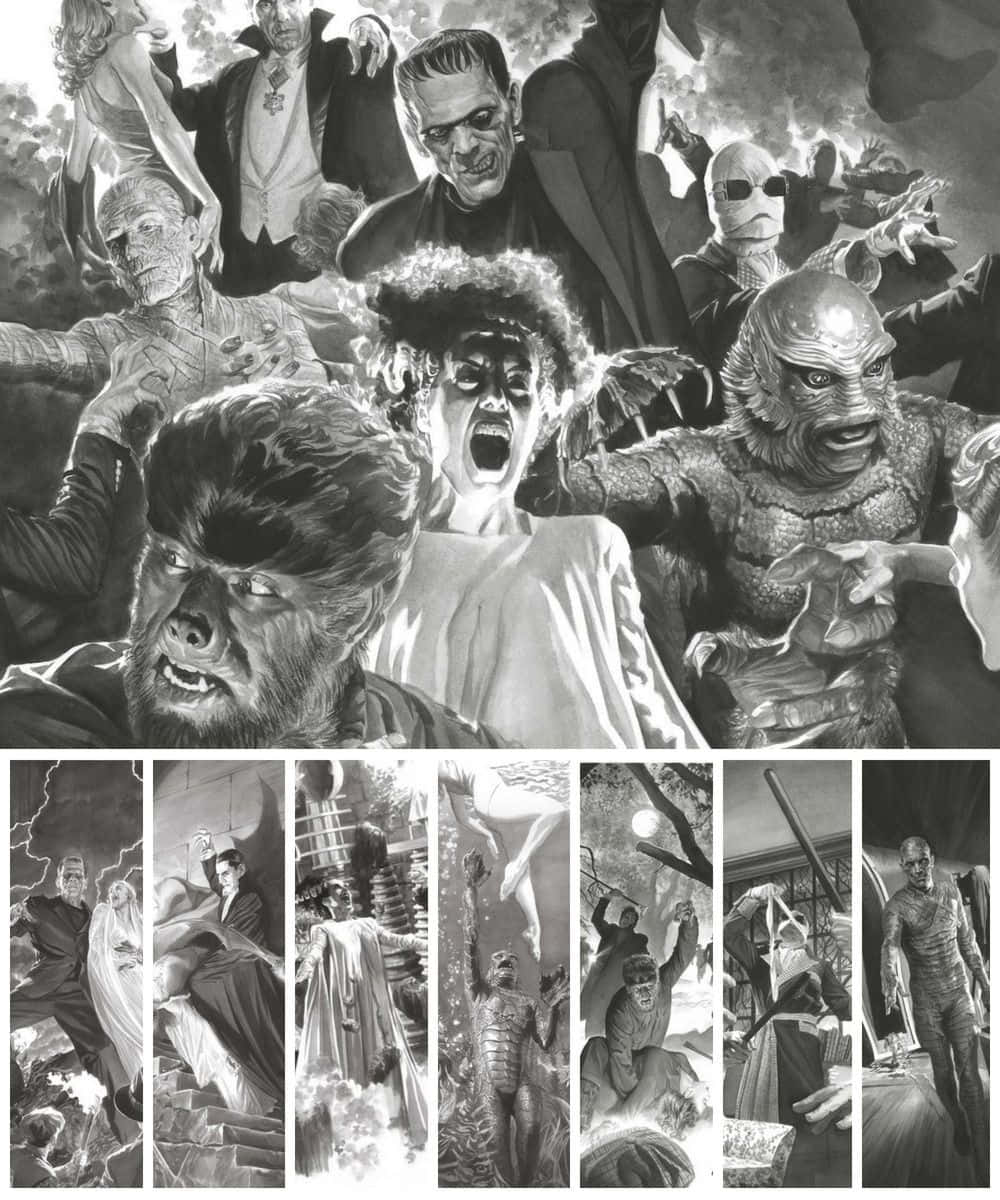 Horror Icons 桌布 壁紙 — 一幅戲劇性的黑白插圖，描繪經典恐怖怪物如科學怪人和狼人，以混亂而富有表現力的姿勢呈現。