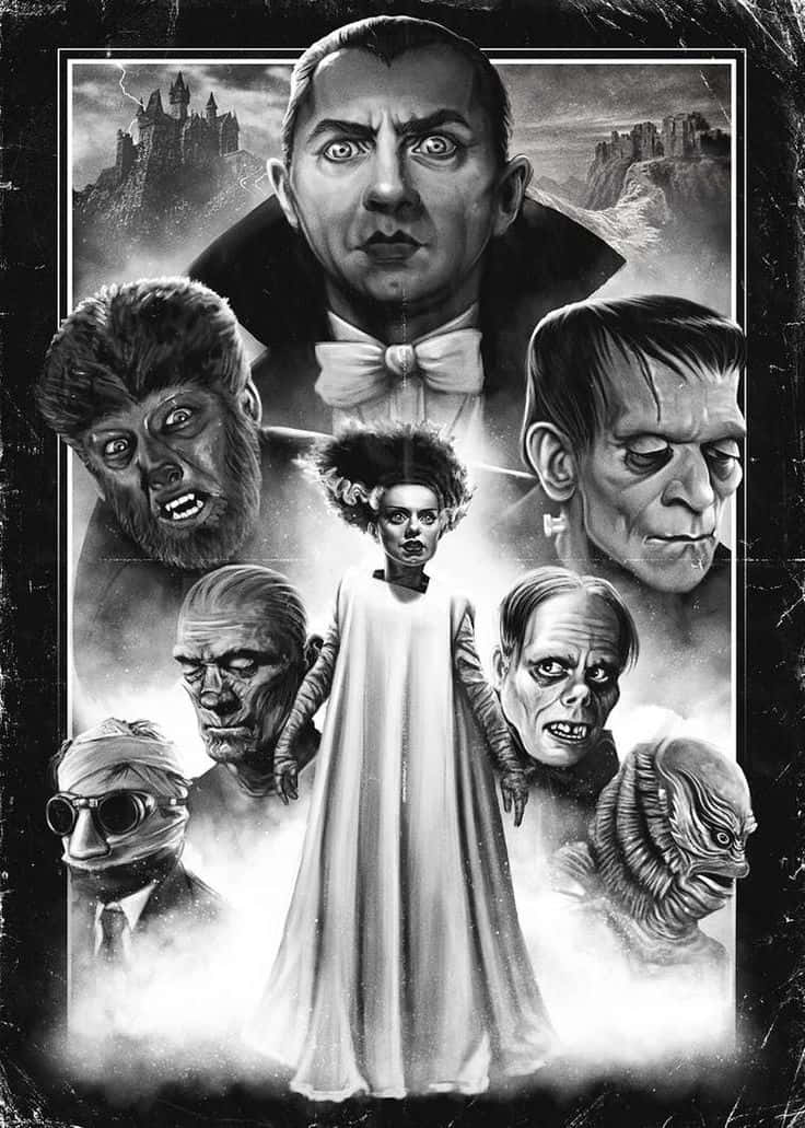 Scary Black And White 桌布 壁紙 — 一幅戲劇性的黑白插圖，描繪經典恐怖怪物，包括德古拉、科學怪人的怪物和狼人，圍繞著一個中央女性形象。