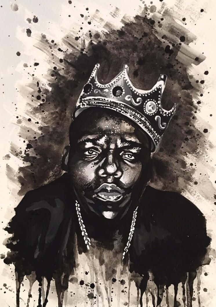 Rappers 桌布 壁紙 — 一幅戲劇性的黑白水彩肖像畫，描繪一位戴著王冠、目光銳利且帶有滴墨效果的男子。